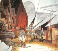 Frank Pé, couverture du livre "Le caprice des dieux, vie et mort des ateliers d'artistes du Quartier Léopold" {JPEG}